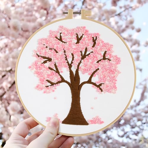 Sivilife Embroidery Starter Kit for Beginners, 4 Sets Stamped Cross Stitch Kits for Adult, Seasonal Tree Pattern Hand DIY Kits with 2 Embroidery Hoop Instructions Color Threads Needles and Scissor