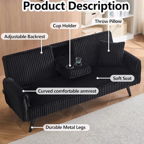 Thctvous 72” Corduroy Futon Sofa Bed with Pillows, Modern Convertible Futon Couch with 2 Cup Holders& Metal Legs for Small Spaces Living Room, Solid Wood Frame (Black) Thctvous