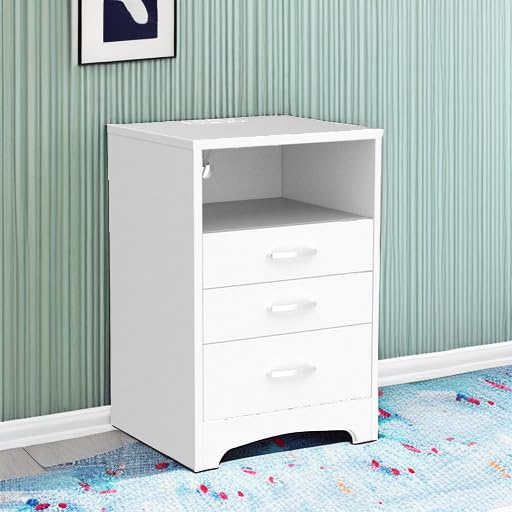White Nightstand with Charging Station, Modern End Side Table with 3 Drawers, Wooden Cabinet Stand by Sofa, Bedside Tables for Bedroom with USB Ports Outlet & Open Storage HOSEOKA