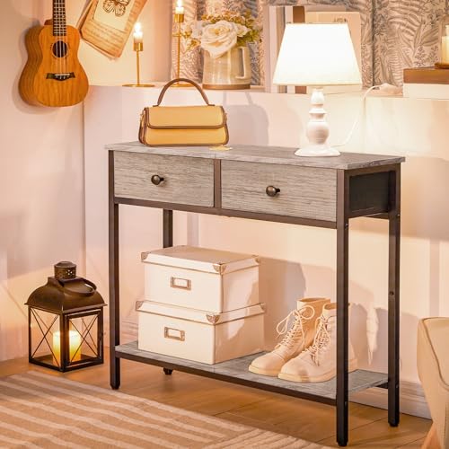 HOOBRO 29.5" Narrow Console Table with 2 Fabric Drawers, Small Entryway Table with 2-Tier Storage Shelves, Sofa Table, Behind Couch Table, for Living Room, Hallway, Greige and Black BG71XG01 HOOBRO