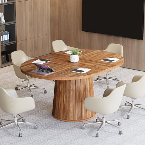 Tribesigns Oval Conference Table, 55.11 Inches Wood Meeting Table for 6 People, Rustic Meeting Seminar Boardroom Table with Wood Base for Office Conference Room (Brown) Tribesigns