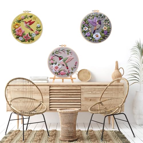 LB 3 Pack Hummingbird Flower Embroidery Kit for Beginners Funny Simple Beginner Embroidery Kit for Adults DIY Starter Kit with Embroidery Hoop Colorful Threads Tools Step by Step Instructions