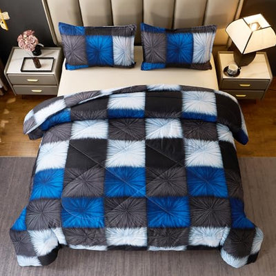 Caressma Black and Navy Blue Checkered Comforter Bedding Set, Full Size Blue White Plaid Comforter Set for Boys, Fluffy Black Grid Home Decor for All Seasons