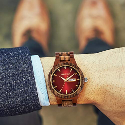 MII YEW Men's Wooden Watch Lightweight Analog Quartz Handmade Wood Watches Red Dial with Date MII YEW