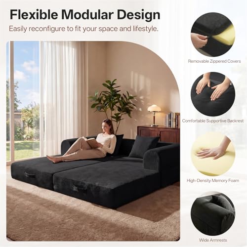 LunaHush 74.8’’ Boneless Modular Convertible Sofa Bed, Fold-Out Floor Couch Loveseat, All-Foam Futon Mattress Couch, Corduroy Sleeper Sofa for Living Room & Small Spaces, No Assembly Required, Black LunaHush