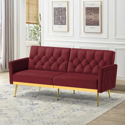 ACMEASE Velvet Sofa Bed w/Adjustable Armrests & Backrests, Modern Convertible Sleeper Sofa, Tufted Futon Sofa for Bedroom, Living Room, Apartment, Red ACMEASE