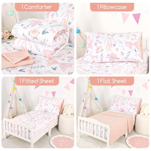 GFU 4 Piece Toddler Bedding Set, Ultra Soft and Breathable Toddler Comforter Sets for Girls Includes Quilted Comforter, Fitted Sheet, Flat Sheet and Pillowcase, Pink Flowers GFU