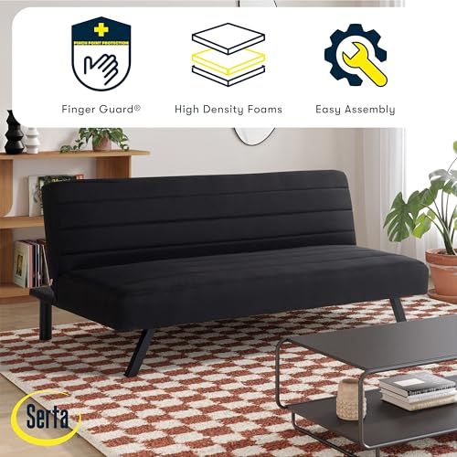 Serta® Damien 66.1" Convertible Futon Sofa, Dreamcoil® Comfort, FingerGuard® Pinch Point Protection, Woven Polyester Fabric, Black Serta