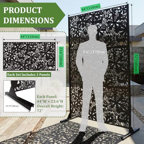 Metal Privacy Screen Outdoor 6FT โ Freestanding Laser Cut Steel Garden Divider Panel with Stand, Decorative Modern Privacy Screen for Patio, Deck, Backyard & Balcony, Rustproof & Weather-Resistant WIZWERK