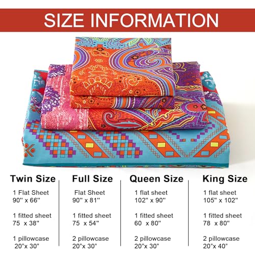 Boho Sheet Set California King Size, 4PCS Bohemian Colorful Tribal 16 Inch Deep Pocket Boho Indian Bedding Sheets, Soft Microfiber Bed Sheet Set Cal king(1 Fitted Sheet, 1 Flat Sheet, 2 Pillowcases) DJY