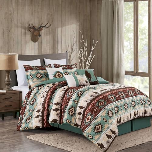Chezmoi Collection Dune 7-Piece Southwestern Cowboys Aztec Comforter Set - Multicolor Teal Brown Beige Tan Red Printed Washed Microfiber Bedding, Oversized King Chezmoi Collection