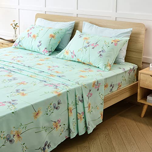 JSD Green Floral Queen Sheet Set 6 Piece, Soft Boho Printed Microfiber Bed Sheets Extra Deep Pocket, Oeko-TEX Certified JSD