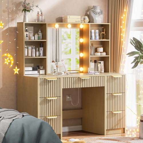 DDONGMM Fluted Vanity Desk with Mirror and 10 Adjustable LED Lights, Modern Makeup Desk with 7 Drawers & 6 Shelves, Dressing Table with Charging Station for Girls, Women, Bedroom, Natural Oak DDONGMM