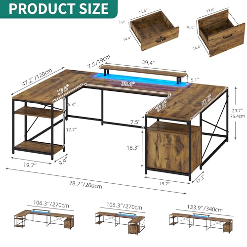 YITAHOME U Shaped Desk with Power Outlets & LED Lights, 79" Reversible L Shaped Desk with Drawers, Corner Computer Desk Office Desk with Monitor Stand & Storage Shelves, Rustic Brown YITAHOME
