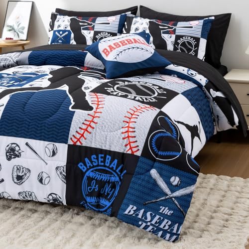 A Nice Night Sports Geometric Grid Black Patchwork Baseball Printed for Boys Twin 6Pcs Bed in A Bag Comforter Bedding Set,Blue A Nice Night