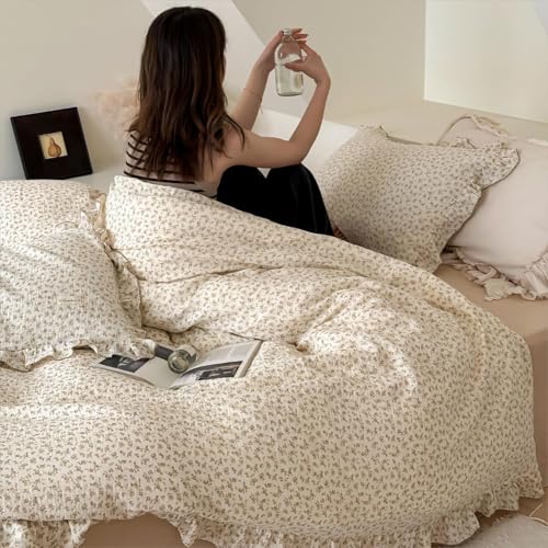 AOJIM Muslin Cotton Kids Duvet Cover with Ruffled Edges for Boys Girls, 1 Piece Soft Pure Cotton Comforter Cover Twin Size 68X86'', Camellia Kids Bedding Duvet Cover for Room Decor, No Quilt/Pillow AOJIM