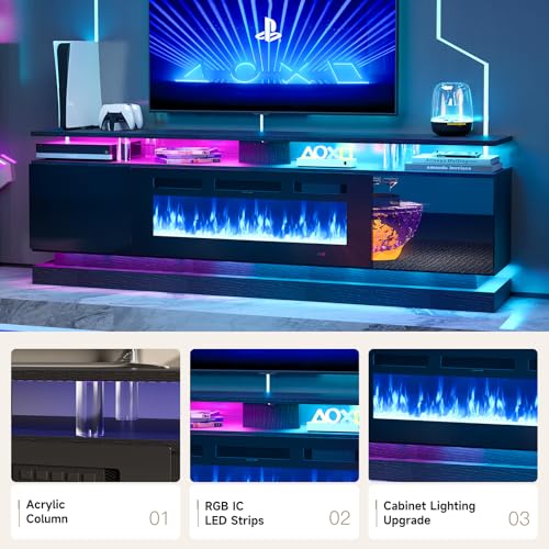 Nordivale 70" Fireplace TV Stand, Modern Entertainment Center for TVs Up to 80”, TV Console with Storage Cabinets, Media Console for Living Room, Black TV Stand and Black Fireplace Nordivale