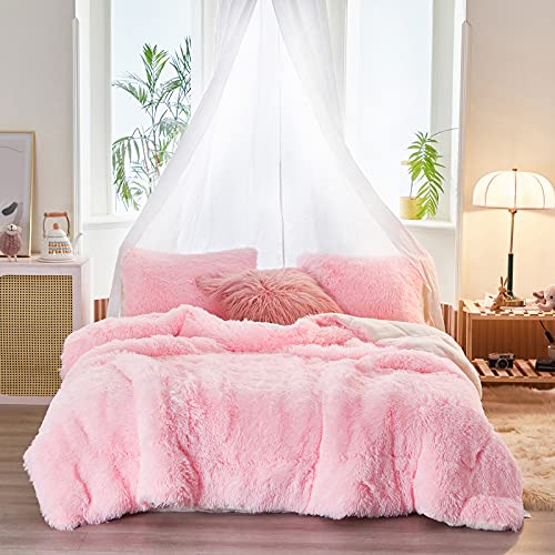 Flysheep Luxury Faux Fur Shaggy Comforter Set Twin Size, Plush & Sherpa Reversible Comforter Pink, 3 Pieces Fluffy Fuzzy Bedding Set Ultra Soft and Warm for Kids (1 Comforter + 2 Pillowcases) Flysheep