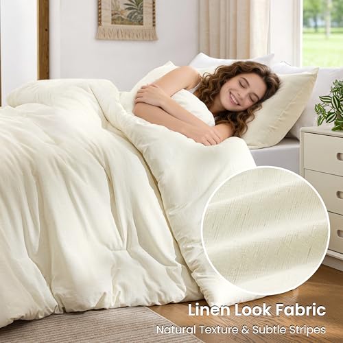 Love's cabin Queen Comforter Set Beige, 3-Piece 90% Polyester 10% Linen Blend Bedding Set, Linen-Look Textured Stripe, Down Alternative All-Season Comforter with Pillow Shams Love's cabin