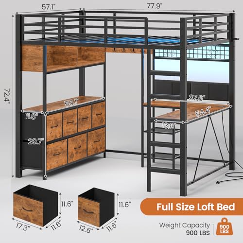 MSmask Full Size Loft Bed with 7 Storage Drawers, Large 2-Cube Bookshelf, L Desk & Charging Station, Metal Loft Bed with LED Lights & Open Shelf, Bed with Safety Guardrail & Ladders, Rustic Brown MSmask