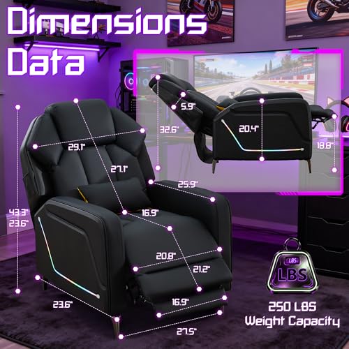 SnyFivv Gaming Recliner Chair with LED Lights, Racing Style PU Leather Gaming Recliner for Adults, Ergonomic Push-Back Recliner with Lumbar Pillow, Home Theater Seating with Side Pockets, Black
