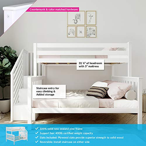 Max & Lily Bunk Bed, Twin-Over-Full Bed Frame For Kids With Stairs, White Max & Lily