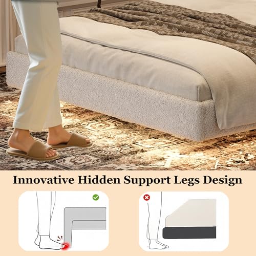 Ailisite Full Size Floating Bed Frame with LED Lights and Charging Port, Visual Floating LED Bed Frame with Curved Cloud Headboard, White Boucle Upholstered Platform Bed Full Size Frame, Heavy Duty Ailisite