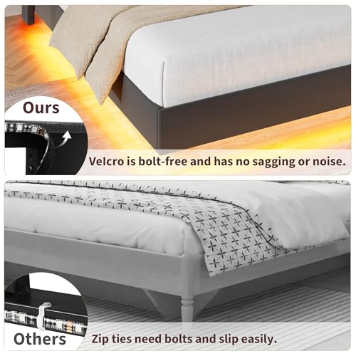 Garvee King Size Floating Bed Frame with RGB LED Lights and Charging Station, Upholstered Platform Bed with Storage Headboard and Button Tufted Design, No Box Spring Needed, Black Garvee