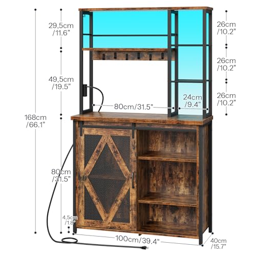 HOOBRO Bakers Rack with Power Outlet and LED Light, Microwave Stand with Sliding Barn Door, Coffee Bar Cabinet with 6-S Hooks, Kitchen Storage Shelf with Cabinet, Rustic Brown and Black BF23UDHB01