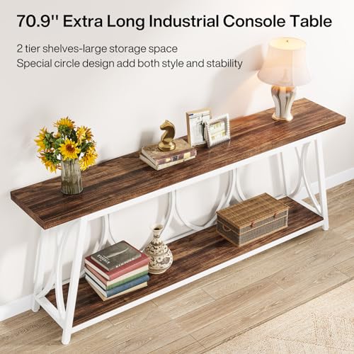 Tribesigns 70.9 inch Extra Long Console Table, Industrial Sofa Table Behind Couch with 2 Tier Storage Shelf, Narrow Entryway Hallway Accent Table for Living Room, White & Brown Tribesigns