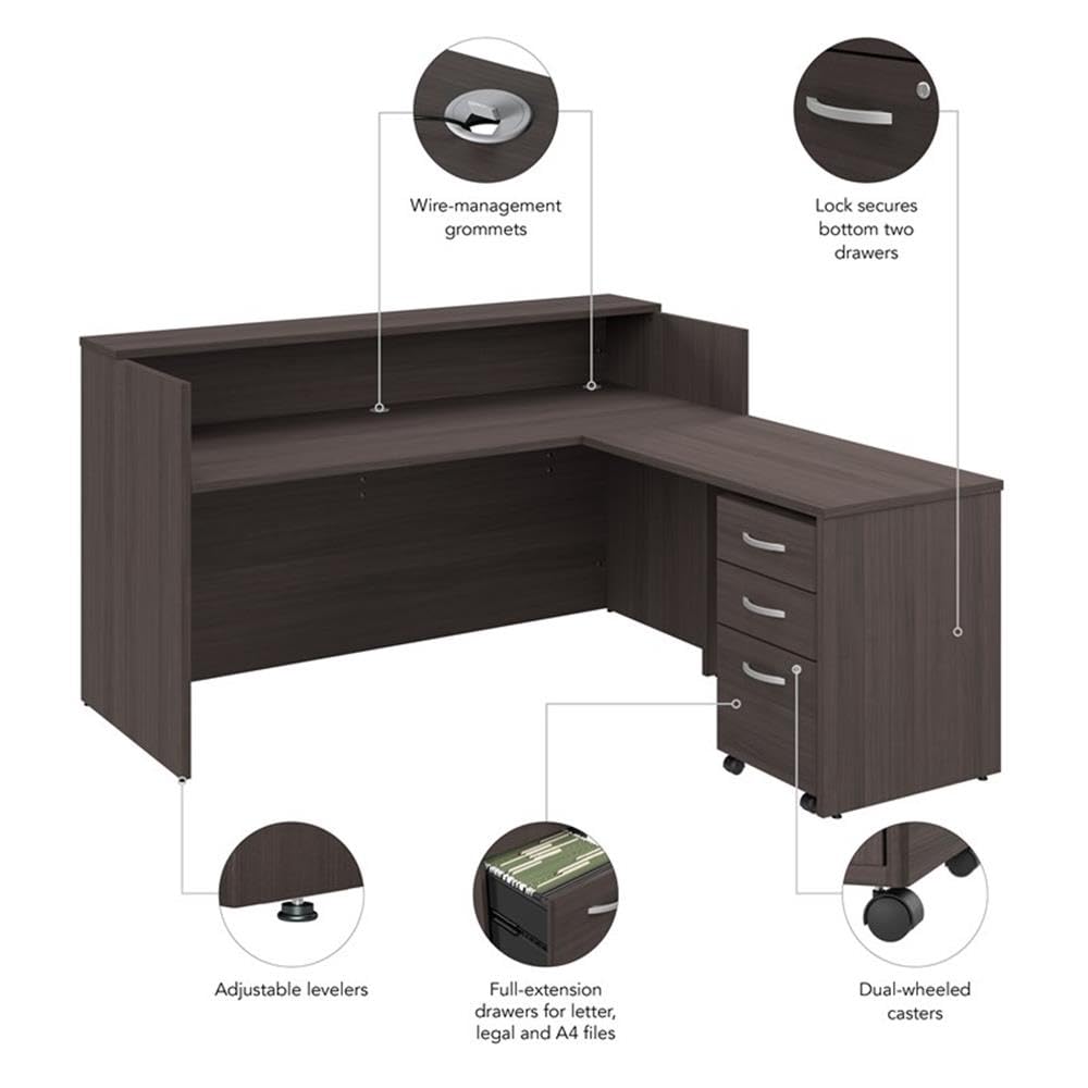 Bush Business Furniture Arrive 72W x 72D L Shaped Reception Desk with Shelf and Mobile File Cabinet in Storm Gray, Modern Receptionist Station for Office Waiting Room Bush Furniture