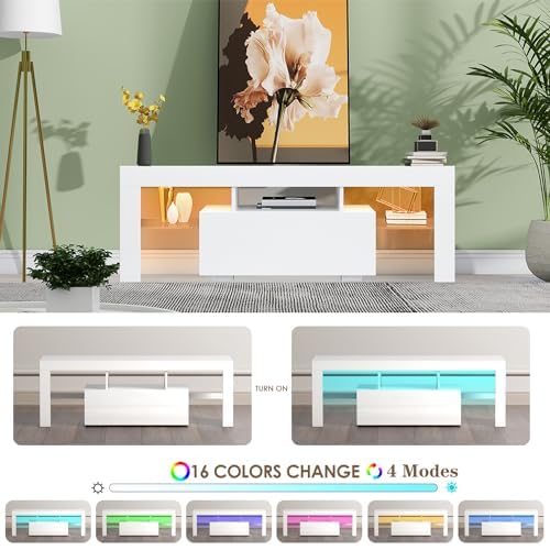 HOUAGI LED TV Stand for Televisions up to 55 Inchs, Black Modern Entertainment Center with Storage Drawer and Glass Shelf, TV Console Table for Living Room,Bedroom, 50in HOUAGI