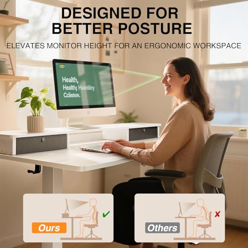 Veken 47.2"×27.6" Home Office Standing Desk with Monitor Riser, Adjustable Computer Desk with Drawers, Ergonomic Desk for Work, Study, Gaming, Crafting, White Veken