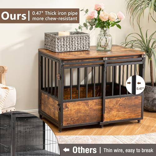 KOOPRO 32 Inch Dog Crate Furniture with Cushion for Large Medium Dogs, Wooden Heavy Duty Dog Kennel with Double Doors, Decorative Pet House Dog Cage Side End Table Indoor, Sliding Door Chew-Resistant KOOPRO