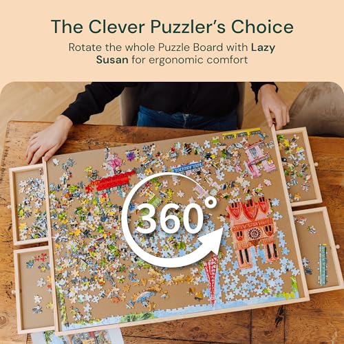 PLAYVIBE Rotating Jigsaw Puzzle Board with Drawers 1000 Piece – Puzzle Table with Cover, 4 Drawers, 22 1/4” x 30" – Wooden Puzzle Organizer – Puzzle Accessories PLAYVIBE