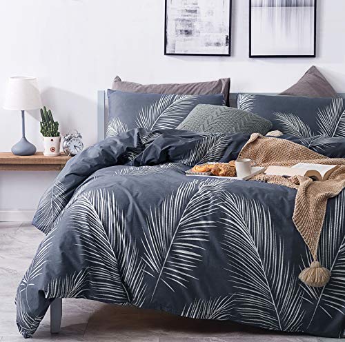 SUSYBAO Plant Patterned Duvet Cover Queen 100% Cotton 3 Pieces Set 1 Hawaiian Tropical Botanical Duvet Cover with Zipper Ties 2 Pillowcases Farmhouse Navy Blue Palm Leaves Print Bedding Set Soft SUSYBAO