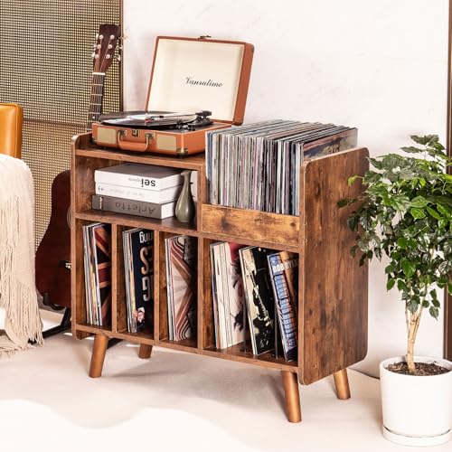 UODERS Record Player Stand, Large Record Player Table Cabinet with Open Vinyl Storage and Display Shelf Holds up to 350 Albums, Mid Century Wood Turntable for Living Room, Bedroom (Brown) UODERS