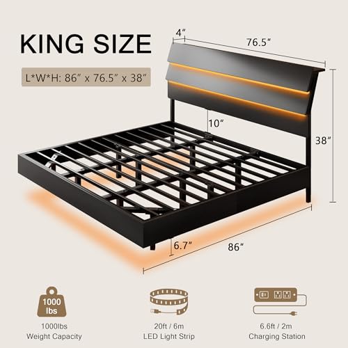 Einhomn Floating Bed Frame King with Led Lights & Charging Station, King Size Platform Bed Frame w/Storage Headboard, Heavy Slats Support, No Box Spring Needed, Easy Assembly, Black Einhomn