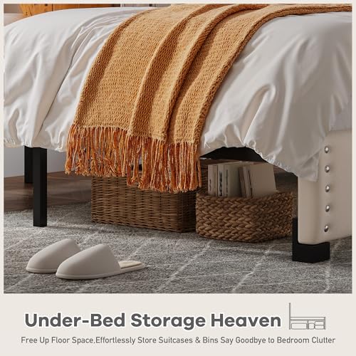 EnHomee Full Size Bed Frame, Velvet Bed Frame with Headboard and Led Light, Platform Bed Frame for Bedroom Apartment, Dorm, Noise-Free, Easy Assembly, Beige EnHomee