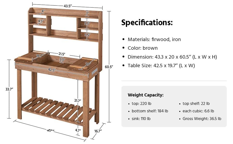 Topeakmart Potting Bench Germination Table - Wood Garden Work Bench Flatform w/Display Rack/Practical Storage Prganizer for Backyard, Patio and Balcony, Brown Topeakmart