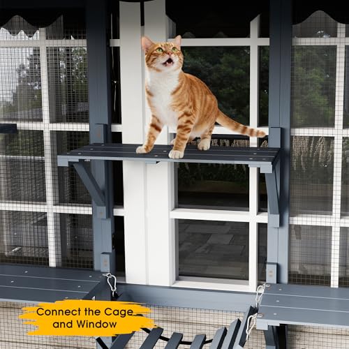 COZIWOW 72Inches Large Wood Catio Outdoor Cat Enclosure with Waterproof Roof, Multi-Level Cat House for 2-3 Cats, Spacious Perches, Hammock, and Scratching Post(Grey Fashion Pattern) COZIWOW