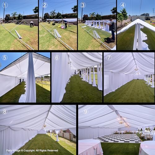 50ftx40ft White Ceiling Curtain for Wedding Parties – 10 Panels Wrinkle-Free 40 FT Long Tent Draping Curtains for Wedding, Birthday & Theme Parties, 40ft Height with Rod Pocket Party Village