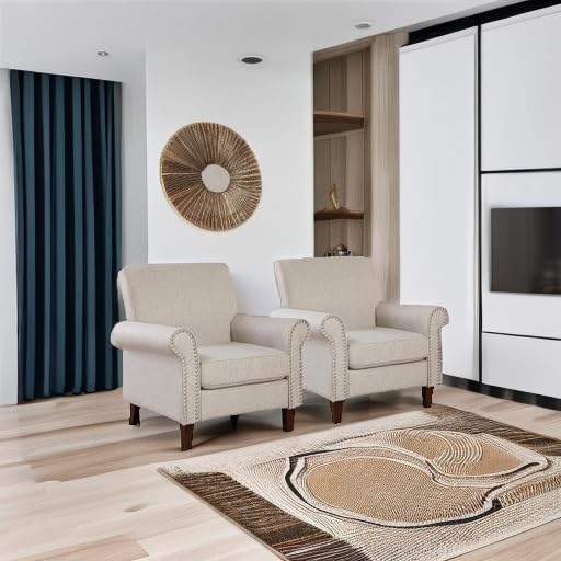 Prilinex Upholstered Living Room Chair Set of 2 - Large Comfy Fabric Accent Chair Single Sofa with Cushion, Rolled Armrest & Nailhead Trim, Mid Century Farmhouse Armchair for Bedroom, Office, Beige Prilinex