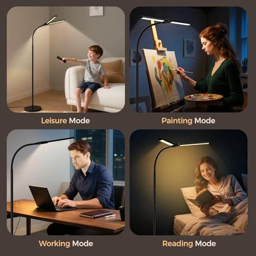 LED Floor Lamp for Living Room, Bright Reading Lamps for Office, Adjustable Colors Temperatures&Brightness, Dual Head Goose-Neck Standing Lamp, Remote and Button Control, Eye Caring Tall Lamp, Black VrimNowit