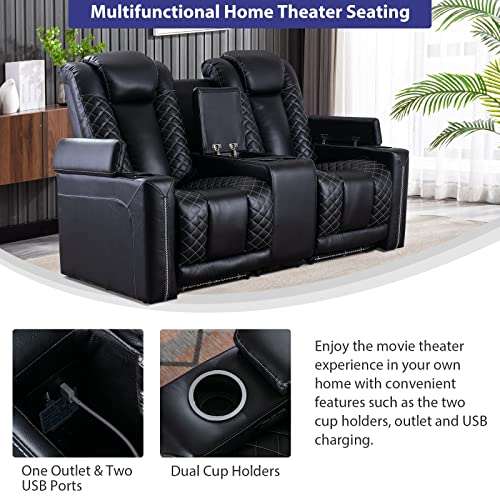CANMOV Home Theater Seating, Electric Power Recliner Chairs with USB Ports and Cup Holders, Breathable Faux Leather Recliner Set with Hidden Arm Storage, Ambient Lighting (Row of 2, Black) CANMOV