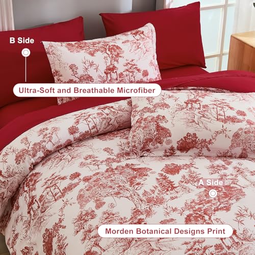 DJY King Size Comforter Set, Red 7 Pieces Bed in a Bag King Botanical Comforters with Sheets Elegant Plants Print Christmas Soft Microfiber Reversible Complete Bedding Sets for All Season