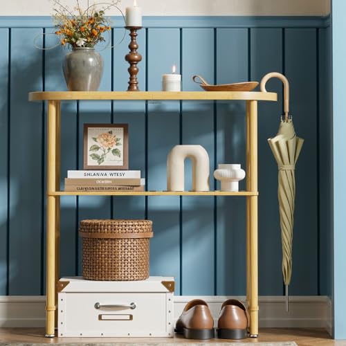 Small Entryway Table Bamboo 30.7", Narrow Hallway Table Oval Top 2-tier, Slim Console Table with Anti-fall Edge, Sofa Side Table 5min Easy Assembly, Small TV Stand for Bedroom, Indoor Plant Stand Atoping
