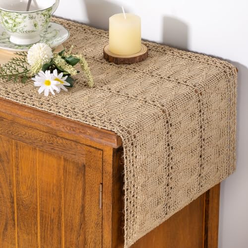 Socomi Boho Table Runner Easter Spring Farmhouse Burlap Jute Bamboo Rustic Dining Kitchen Centerpiece Decor Small Macrame Woven Coffee Table Runner for Dresser Scarf Home Decor 12x36 inch Socomi