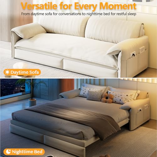 UPYOOE 63.8" Futon Sofa Bed Queen Size, Pull Out Bed, 3-in-1 Convertible Sleeper Sofa with Side Pocket, Modern Velvet Futon Couch for Living Room, Small Space, Apartment, Bedroom, Beige UPYOOE
