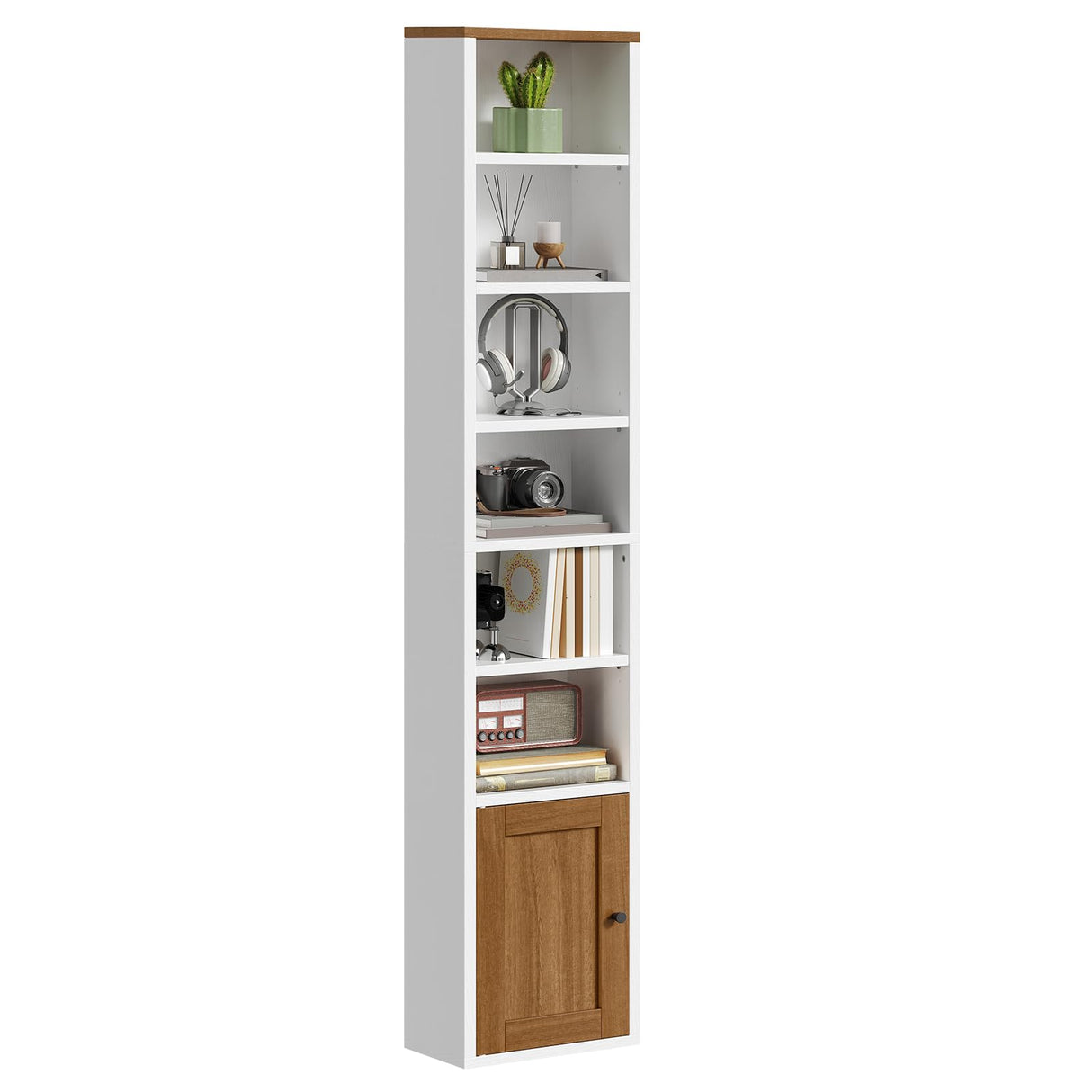RALGEND 7-Tier Tall Narrow Bookshelf with Door Set of 2, 71 Inches CD DVD Slim Media Tower Rack with Storage Cabinet, Adjustable Shelves, Skinny Display Bookcase for Home Office, White and Walnut RALGEND